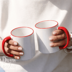 raudonu krašteliu puodelis 330 ml su užrašu ar nuotrauka